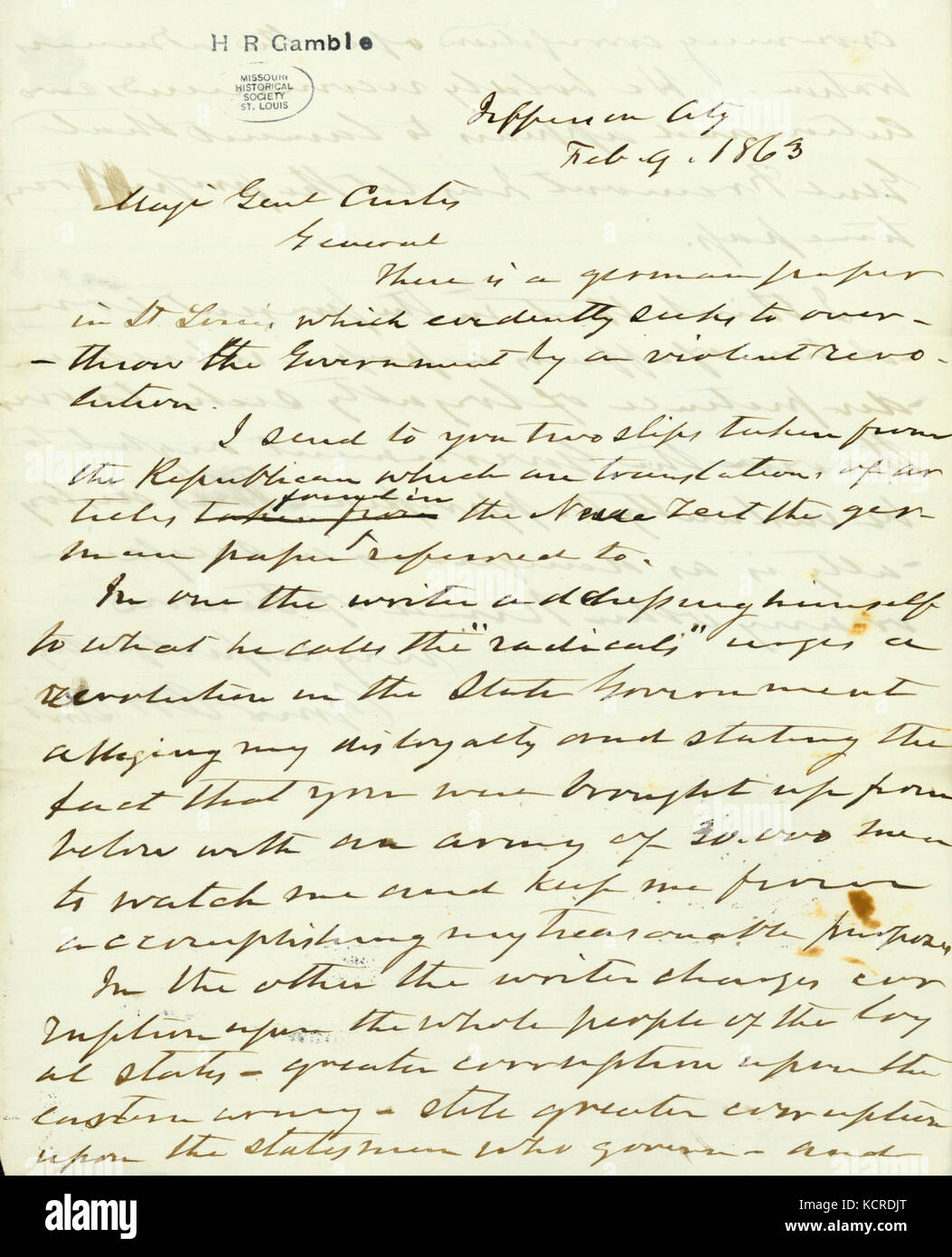 Contemporary copy of unsigned letter, Jefferson City, to Maj. Gen. Curtis (Samuel R. Curtis), February 9, 1863 Stock Photo