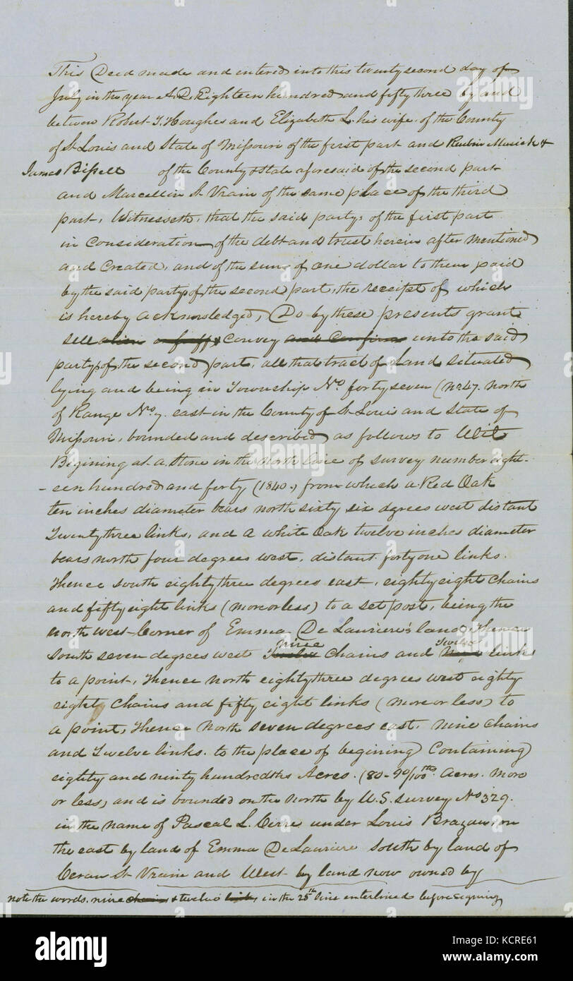 Deed for land sold for $1,900.50 in St. Louis County from R.T. Hughes and wife Elizabeth L. to Reuben Musick, James Bissell, and Marcellin St. Vrain, July 22, 1853 Stock Photo