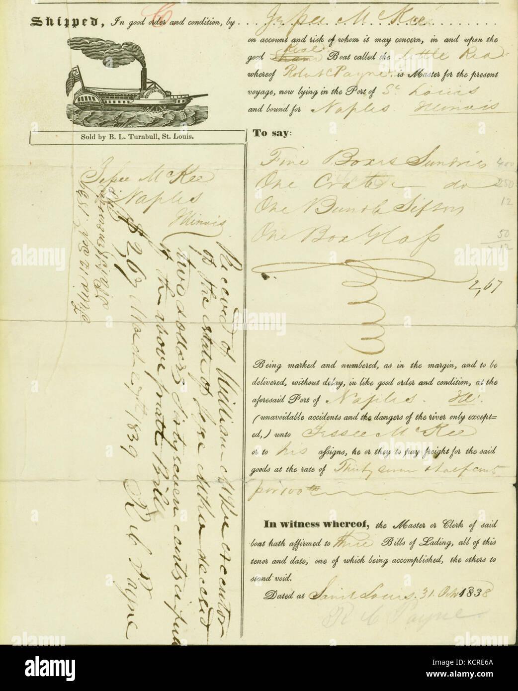 Bill of lading for sundries, scissors, and glass, shipped by Jesse McKee, St. Louis, on board the keel boat Little Red, to Jesse McKee, Naples, Illinois, October 31, 1838 Stock Photo