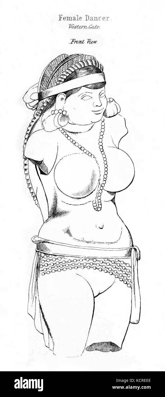 This image shows a sculpted female dancer at the Western Gate of Sanchi, India. The figure is part of the ancient Buddhist art adorning the Sanchi Stupa, a UNESCO World Heritage Site. Stock Photo