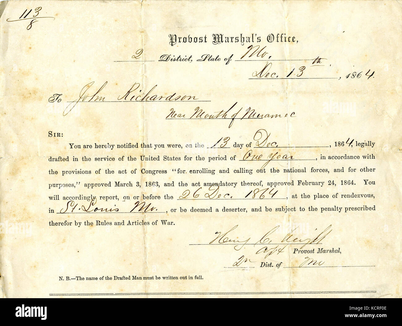 Draft notice of John Richardson, December 13, 1864 Stock Photo Alamy