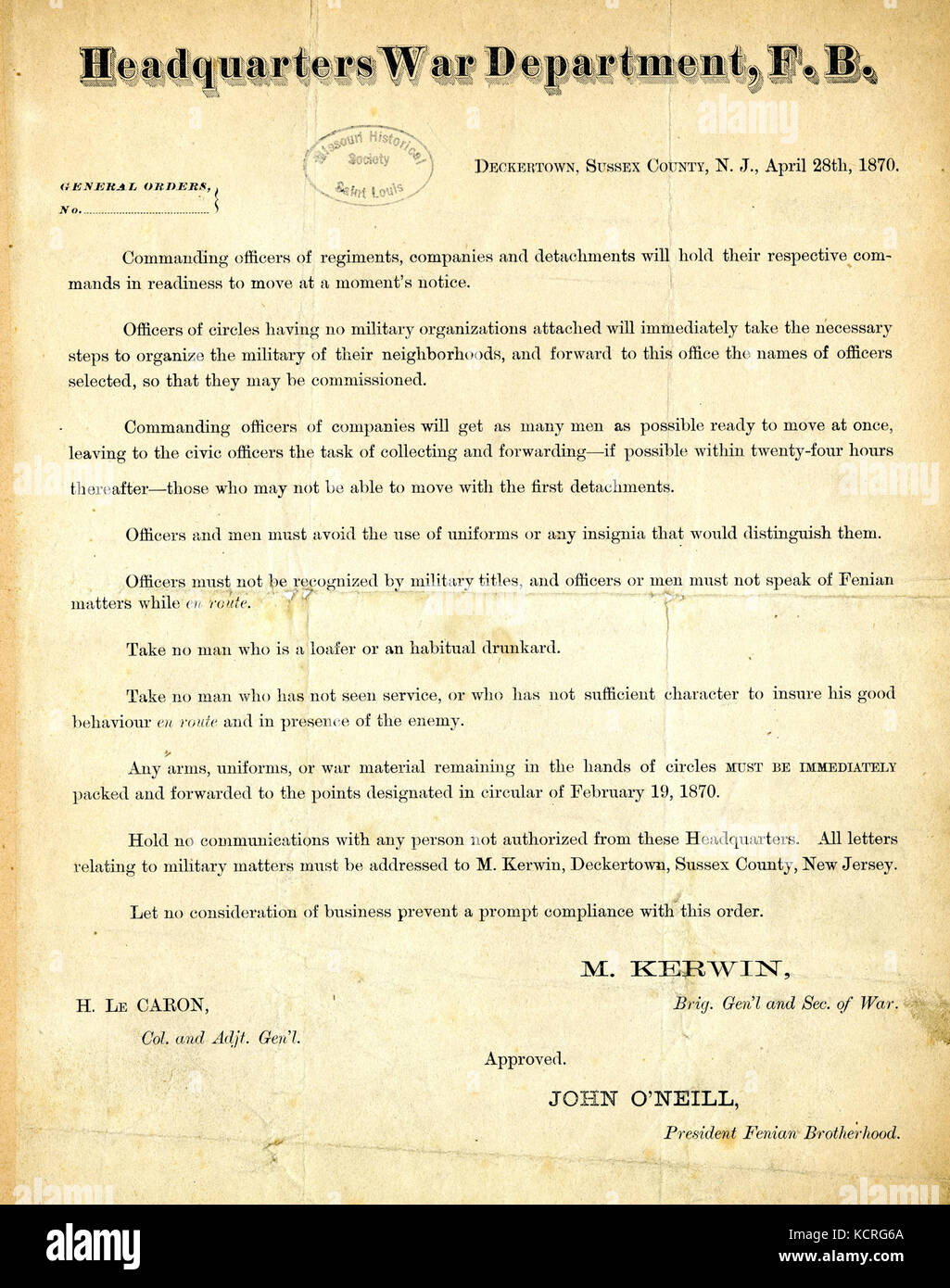 General Orders of M. Kerwin., Headquarters, War Department, Fenian Brotherhood, Deckertown, Sussex County, New Jersey, April 28, 1870 Stock Photo