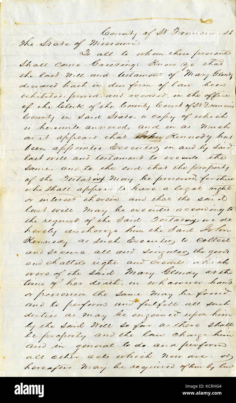 Document regarding the estate of Mary Glendy, County of St. Francois, State of Missouri, 1856 Stock Photo