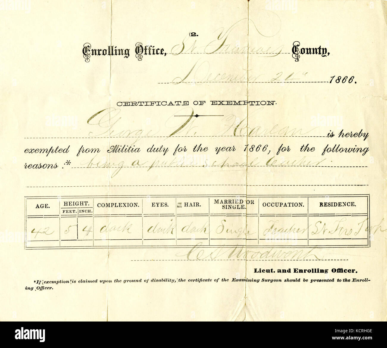 Certificate of exemption of George W. Harlan, Enrolling Office, St. Francois County, December 24, 1866 Stock Photo
