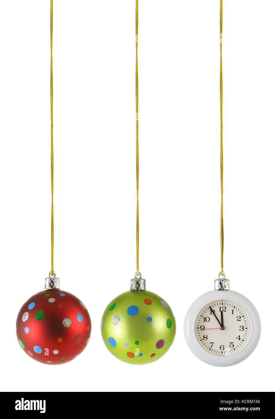 Christmas balls and hanging clock isolated over the white background