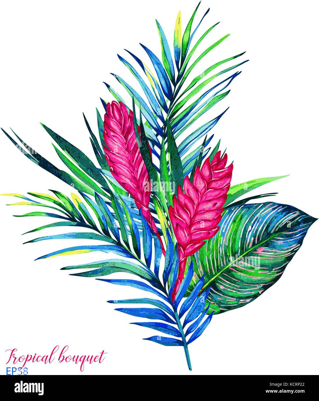 Tropical bouquet. Exotic flowers of bromelia, rain forest palm and calathea leaves.  Handmade watercolor vector, isolated on white background. Floral Stock Vector