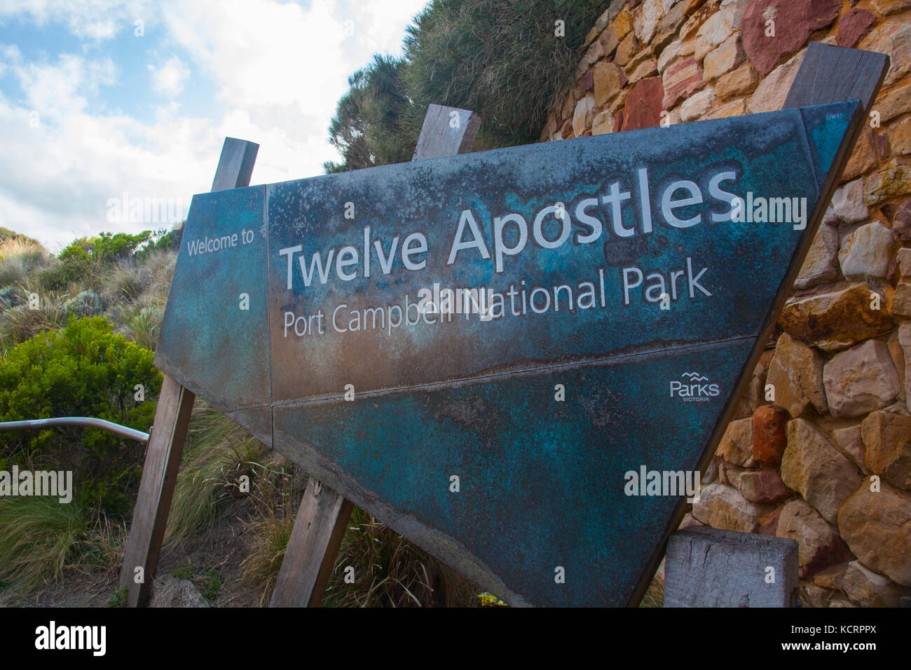 Twelve Apostles Port Campell National Park entry sign along the Great