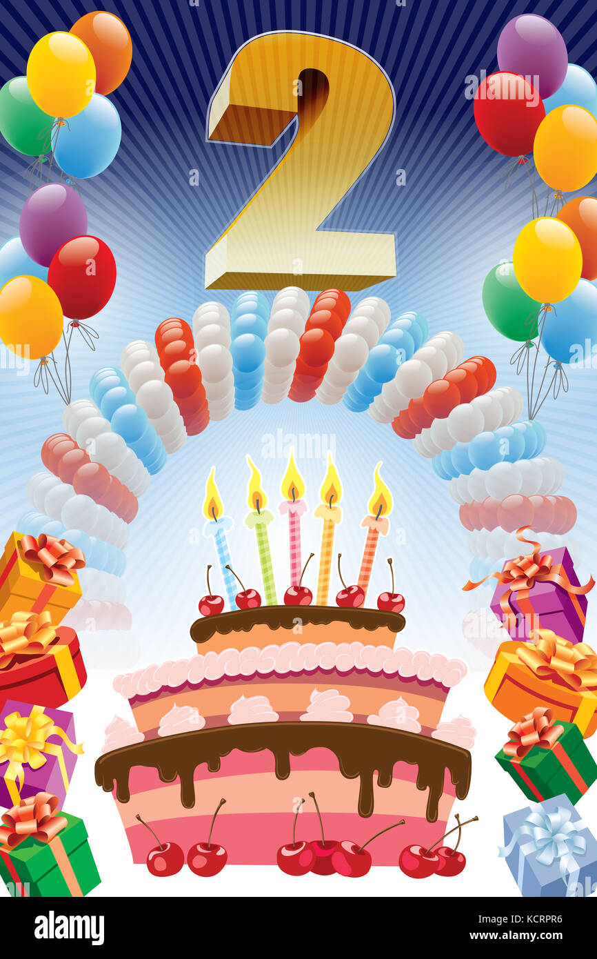 Background with design elements and the birthday cake. The poster or  invitation for 2nd birthday or anniversary Stock Photo - Alamy