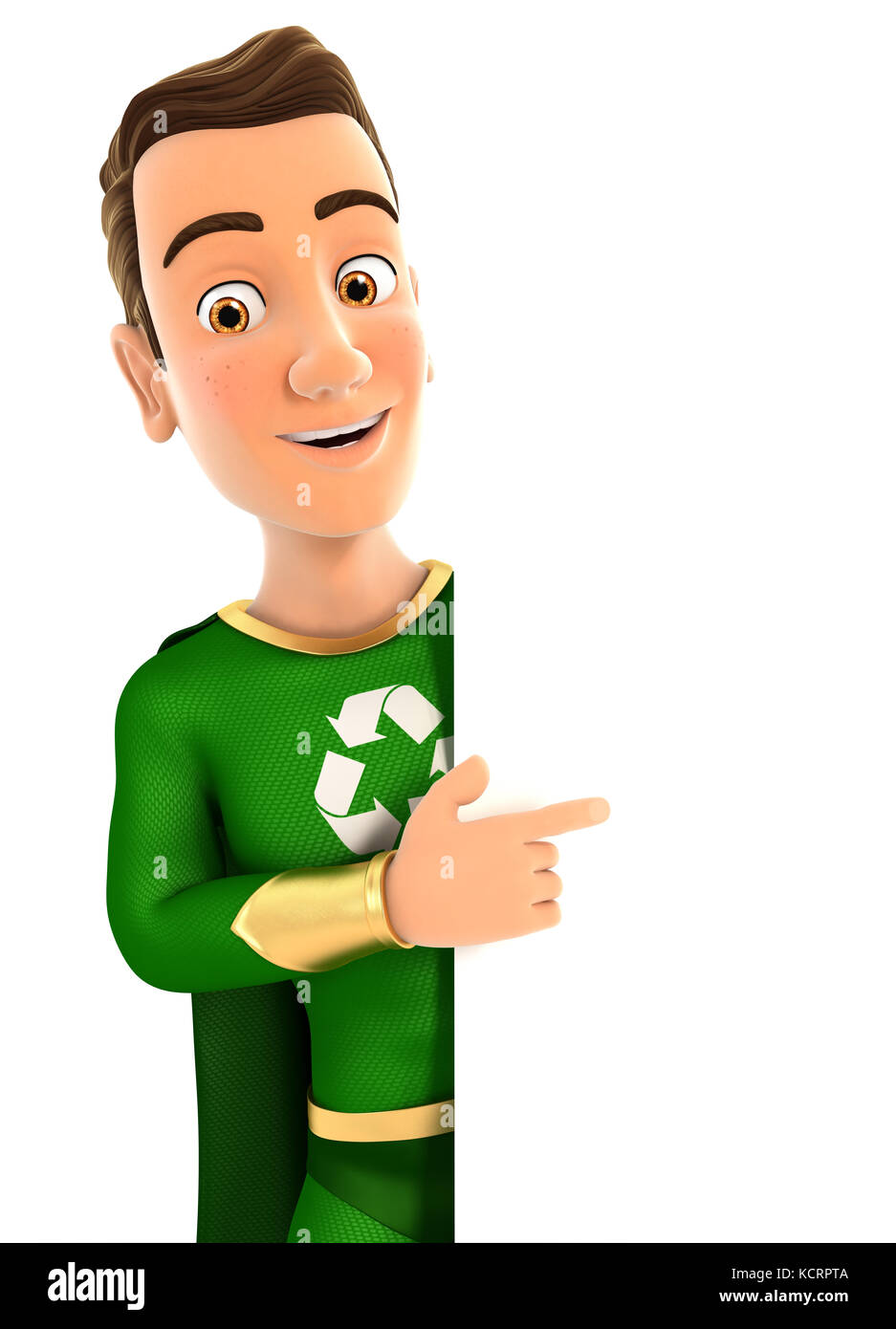 3d green hero pointing to right blank wall, illustration with isolated white background Stock Photo