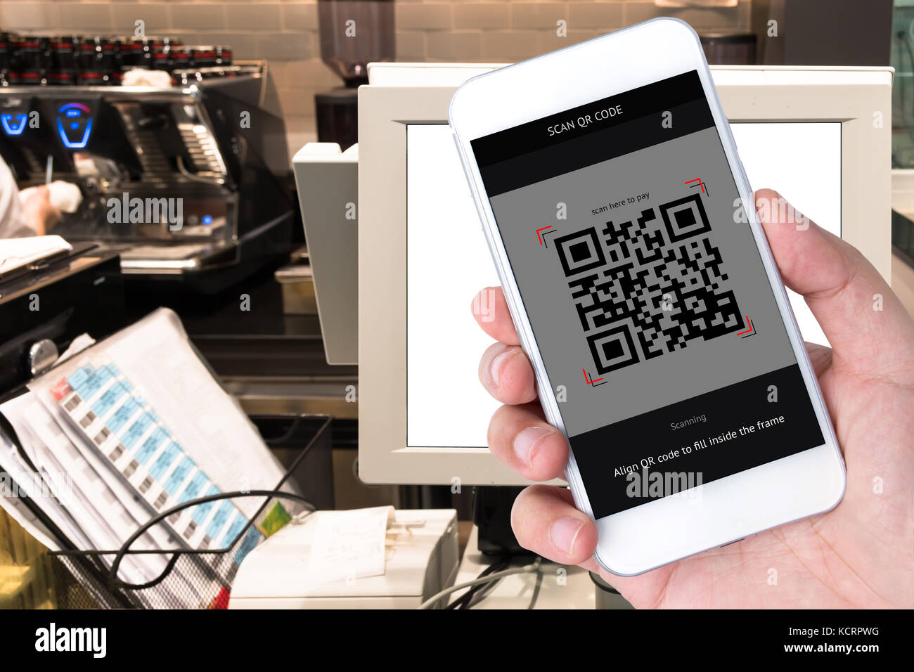 Qr code payment , online shopping , cashless technology concept. Retail shop  accepted digital pay without money , cashier counter display and hand usi  Stock Photo - Alamy