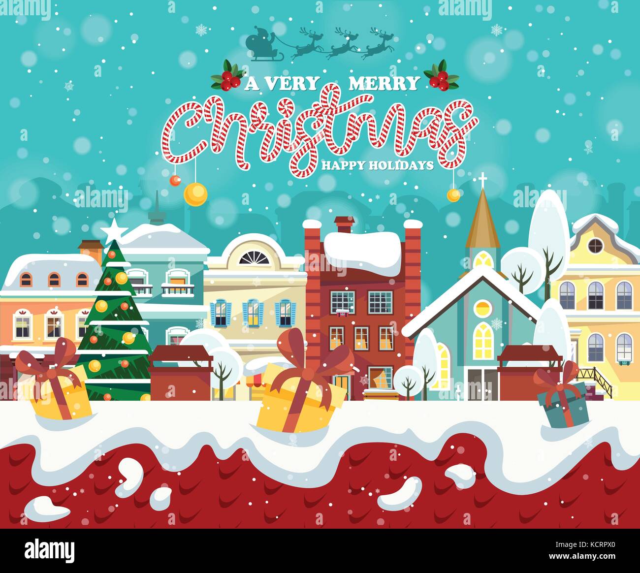 Merry Christmas and Happy New Year vector greeting card in flat style Christmas winter town