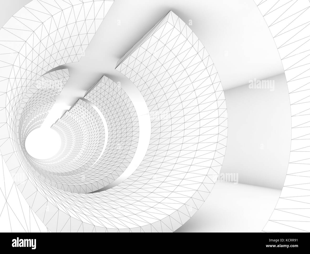 White tunnel with wire-frame structure lines, Abstract dark digital background, 3d render illustration Stock Photo
