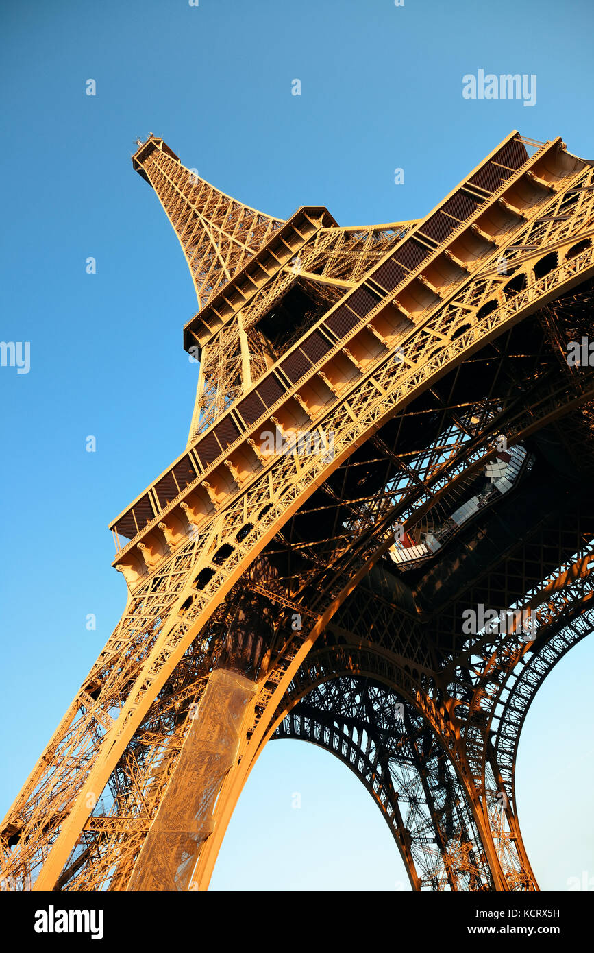 Eiffel Tower closeup view as the famous city landmark in Paris Stock Photo