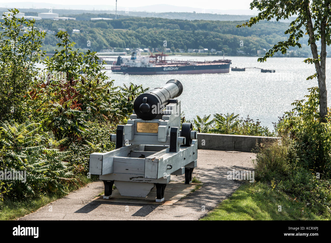 Quebec City Canada 11.09.2017 Cannon in Quebec City Canada - plaines Abraham overlooking Saint Lawrence river and Jean-Gaulin Refinery in Levis town Stock Photo