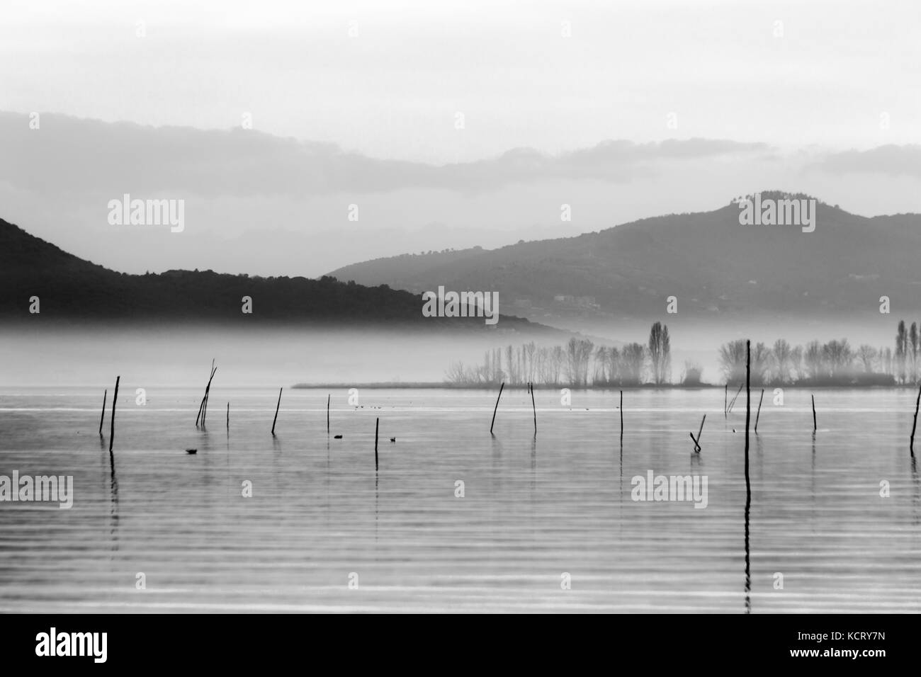 A lake at dusk, with soft tones, distant hills and mountains,and some plants and wooden poles in the middle of mist Stock Photo