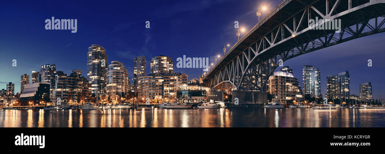 Vancouver False Creek panorama at sunset with bridge and boat Stock ...