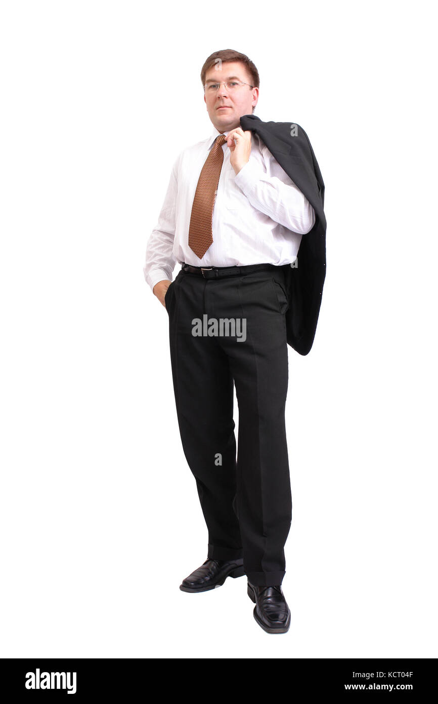 Self-confident businessman in white shirt holding black jacket hanging over his shoulder standing over white background Stock Photo