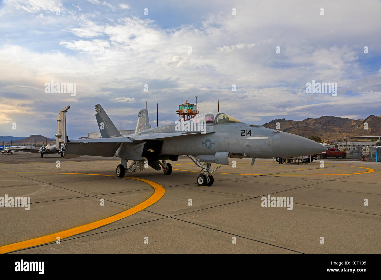 In this shot a U.S. Navy E/F-18E Super Hornet sits on the tarmac at the Historic Wendover Airfield in Wendover, Utah, USA. Stock Photo