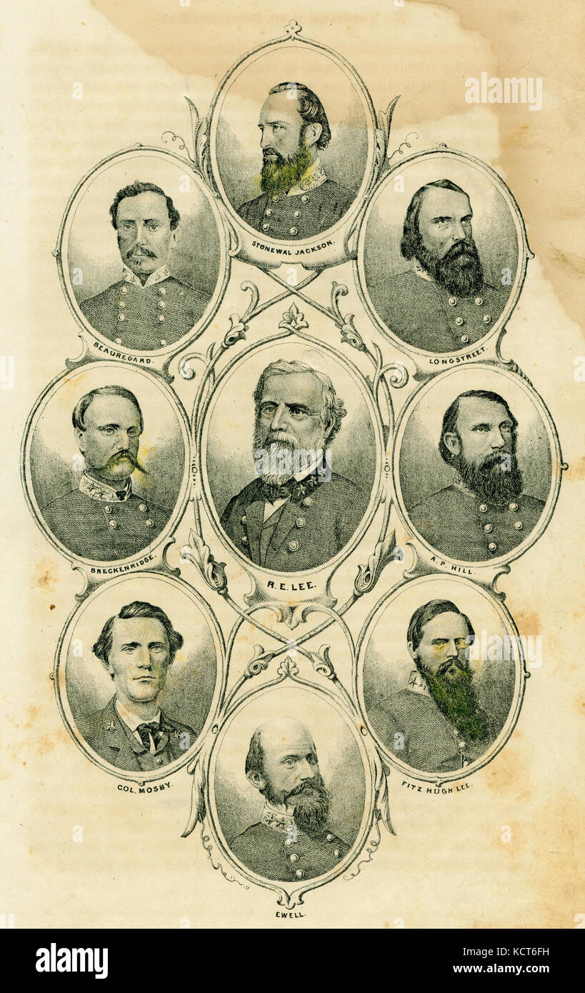 Confederate Generals (Subjects include Generals Stonewall Jackson, Longstreet, A.P. Hill, Fitzhugh Lee, Ewell, Greckenridge, Beauregard, and Lee and Col. Mosby) Stock Photo