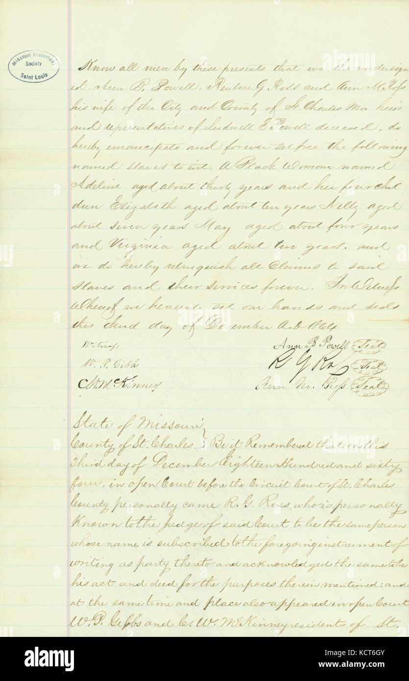 Emancipation certificate for Adeline, thirty years old, and her four children, ten year old Elizabeth, seven year old Nelly, four year old May, and two year old Virginia, State of Missouri, County of St. Charles, Dece 0144 Stock Photo