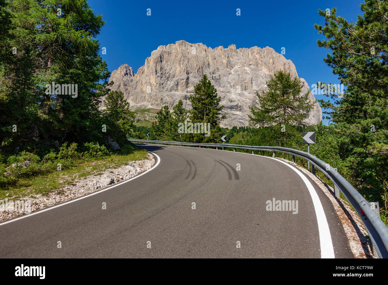 Picturesque road and landmark in the Sella Pass, Dolomites Stock Photo