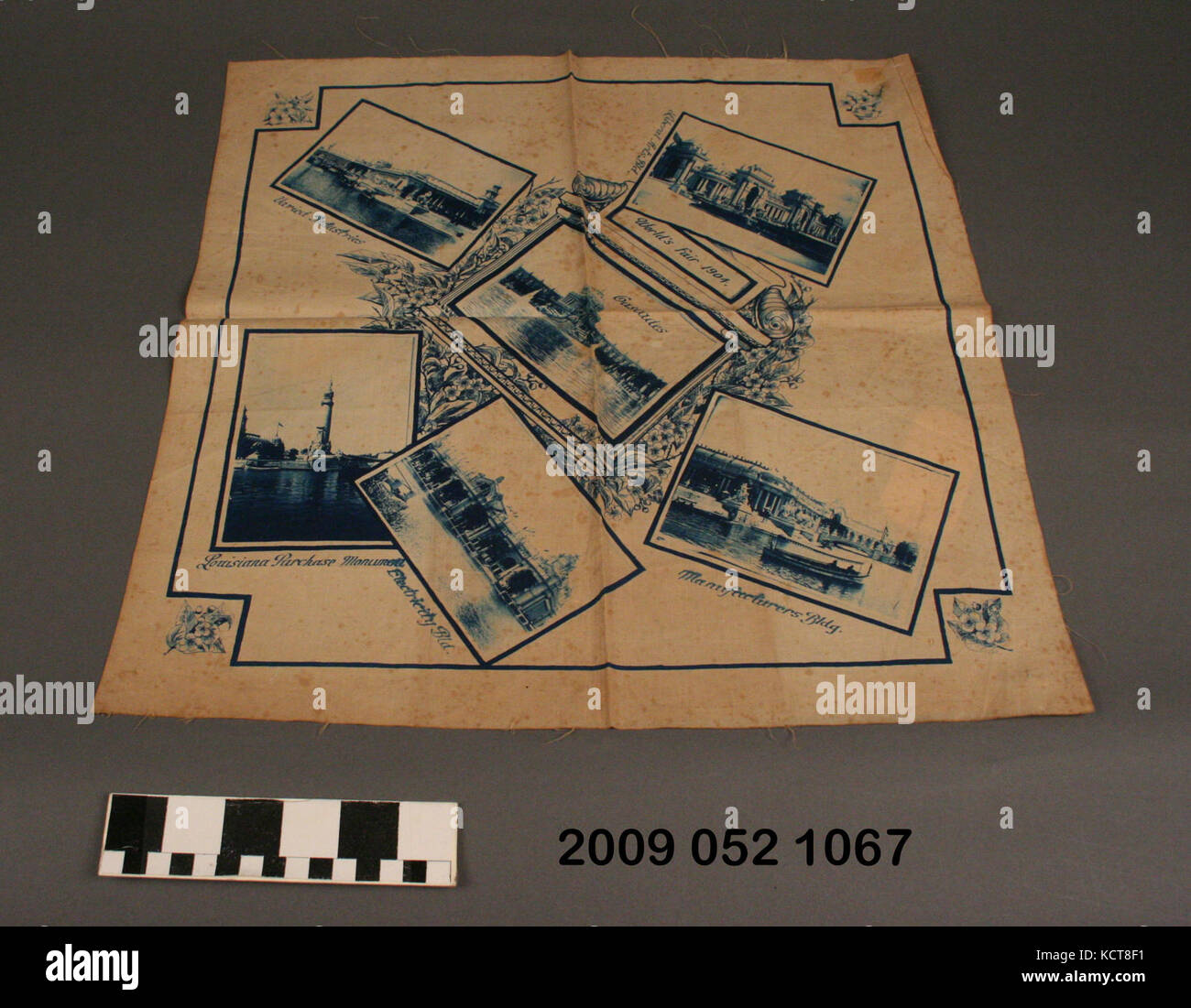 Ecru Linen Pillow Cover With Blue Images of Palaces From the 1904 World