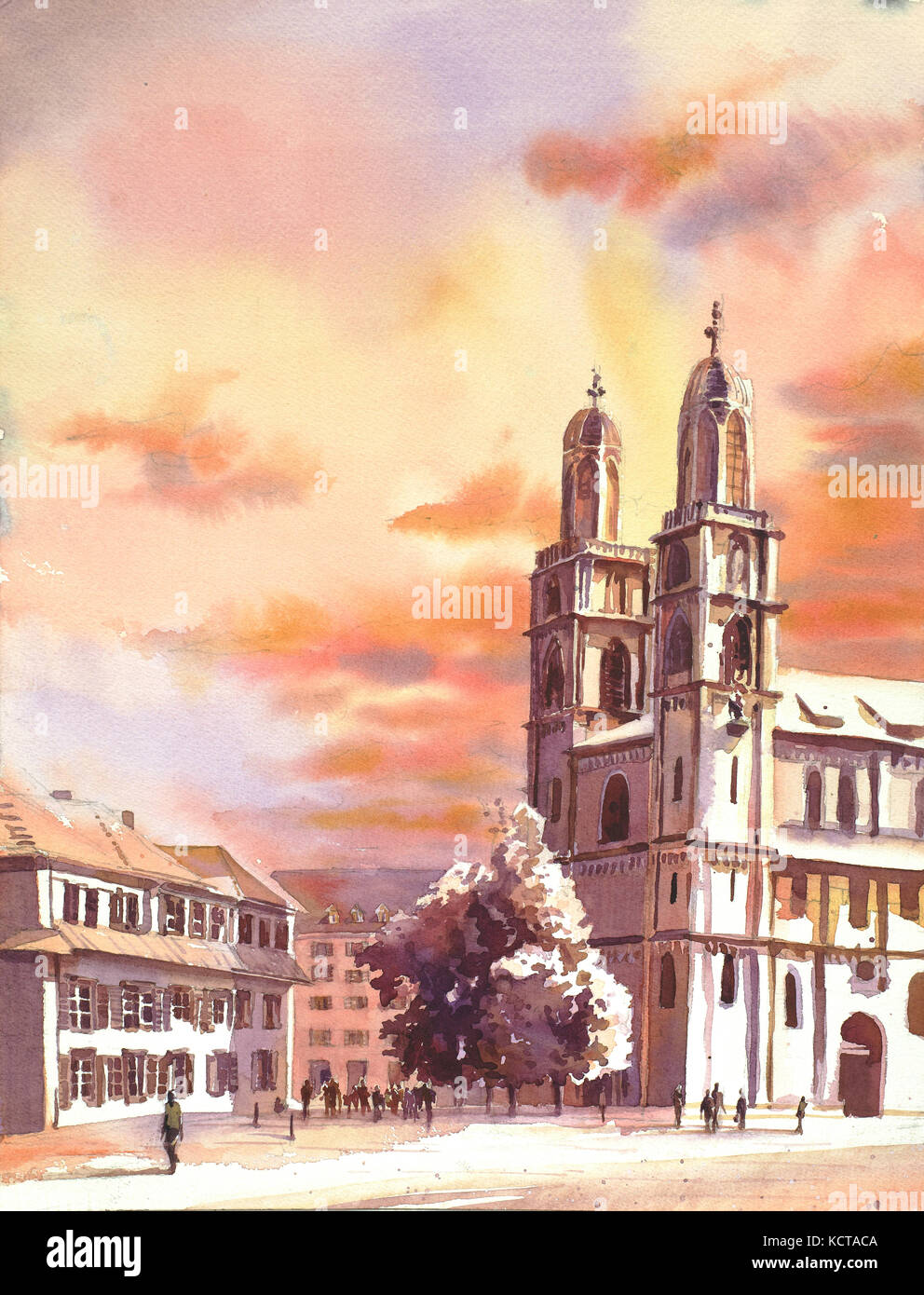 Fine art watercolor painting of the 12th century Grossmunster church in medieval Zurich, Switzerland.  Painting of church in Switzerland. Stock Photo