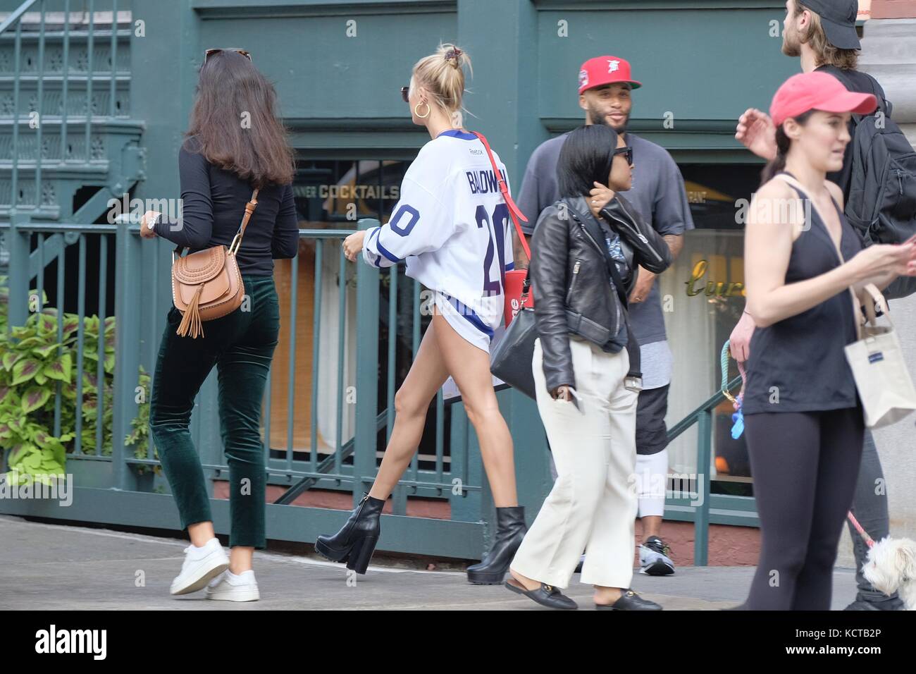 Hailey Baldwin shows off her legs wearing a Toronto Maple Leafs jersey that reads 'Baldwin' on the back  Featuring: Hailey Baldwin Where: Manhattan, New York, United States When: 05 Sep 2017 Credit: TNYF/WENN.com Stock Photo