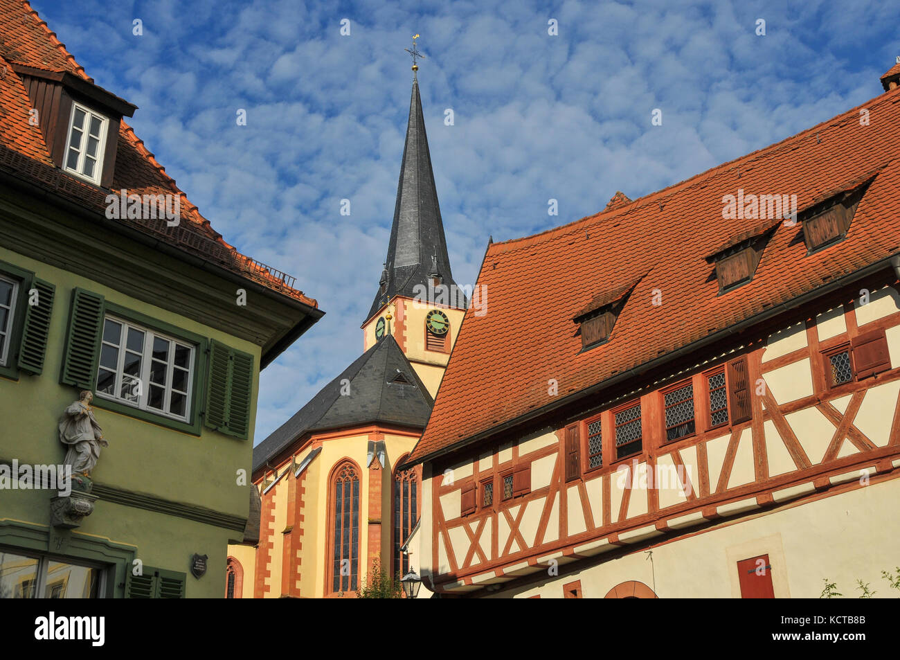 church and timbered houses, Sulzfeld, Franconia, Germany Stock Photo