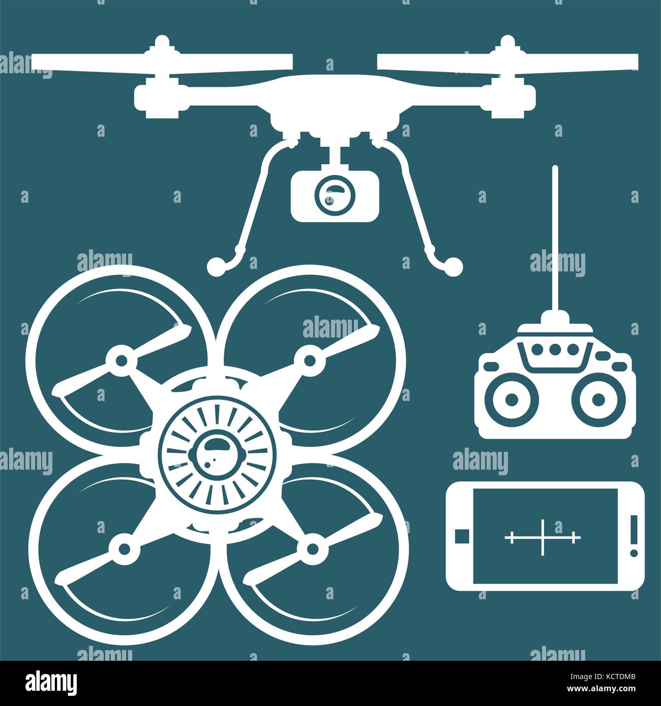 Silhouette of quadcopter and remote contro and smartphone Stock Vector