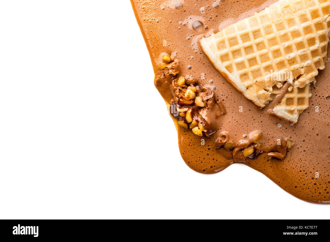 chocolate ice cream cone melted on white background with copy space
