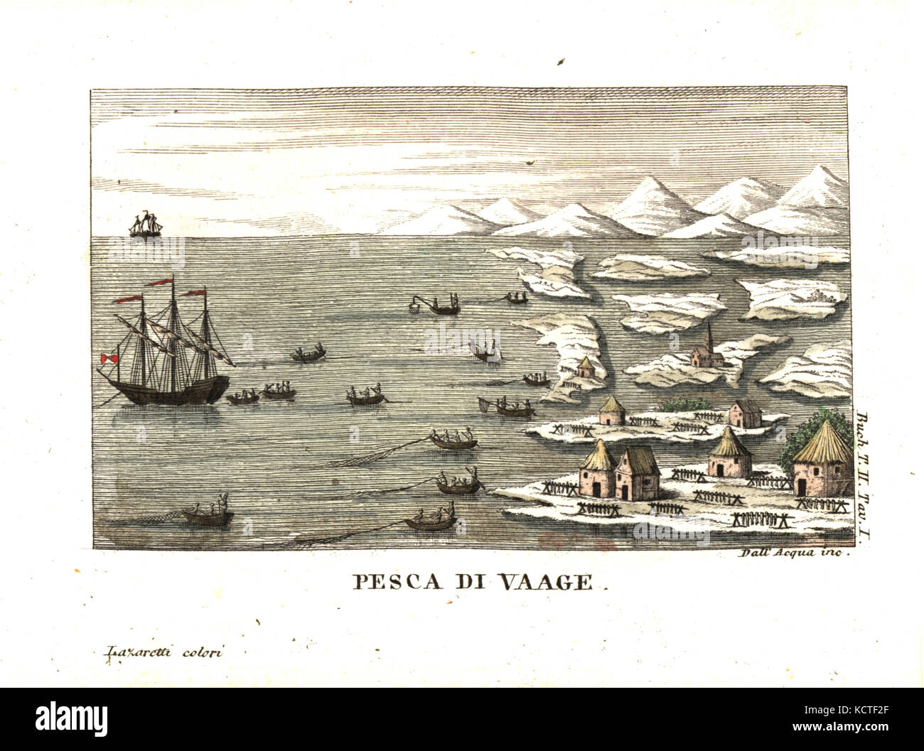 Fishing boats in Vaage, Norway. In February and March, 300 boats manned by 20,000 fishermen assemble here. Illustration from Leopold von Buch’s Travels Through Norway and Lapland, 1813. Copperplate engraving by Dell'Acqua handcoloured by Lazaretti from Giovanni Battista Sonzogno’s Collection of the Most Interesting Voyages (Raccolta de Viaggi Piu Interessanti), Milan, 1815-1817. Stock Photo