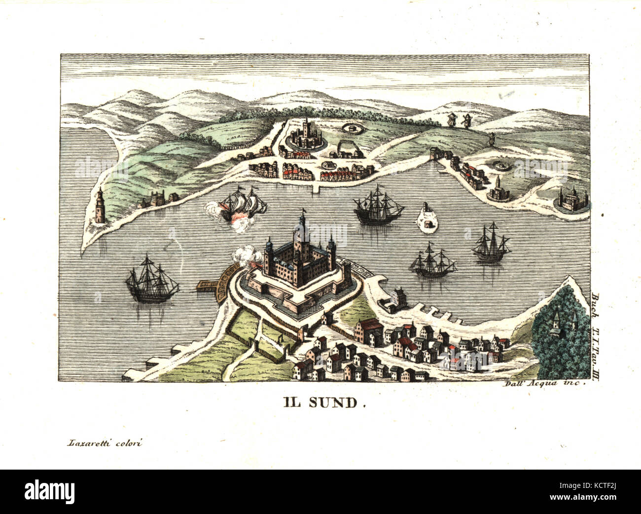The Sund (channel) with Kronborg Castle, Helsingor (Elsinore), Denmark and Helsingborg, Sweden, on the other side. Illustration from Leopold von Buch’s Travels Through Norway and Lapland, 1813. Copperplate engraving by Dell'Acqua handcoloured by Lazaretti from Giovanni Battista Sonzogno’s Collection of the Most Interesting Voyages (Raccolta de Viaggi Piu Interessanti), Milan, 1815-1817. Stock Photo