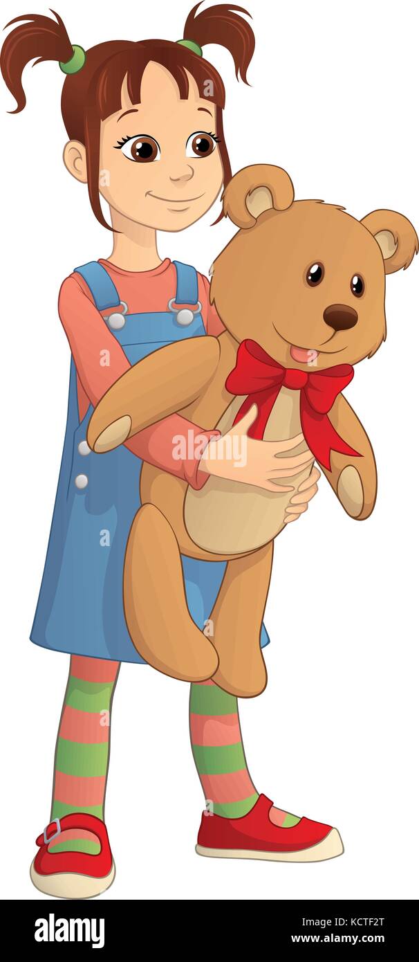 Vector Cartoon Of A Cute Girl Holding A Big Teddy Bear Stock Vector Image Art Alamy