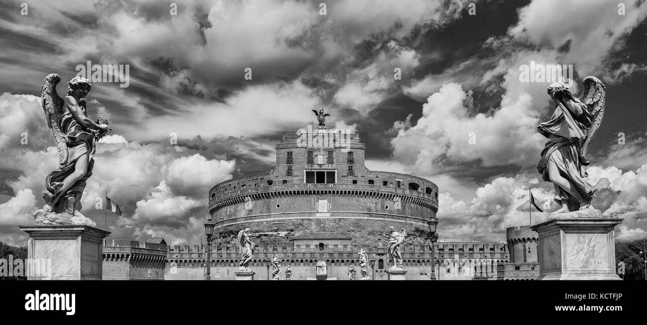 Castel Sant'Angelo (Castle of the Holy Angel) in the center of Rome with beautiful baroque angel statues and clouds Stock Photo