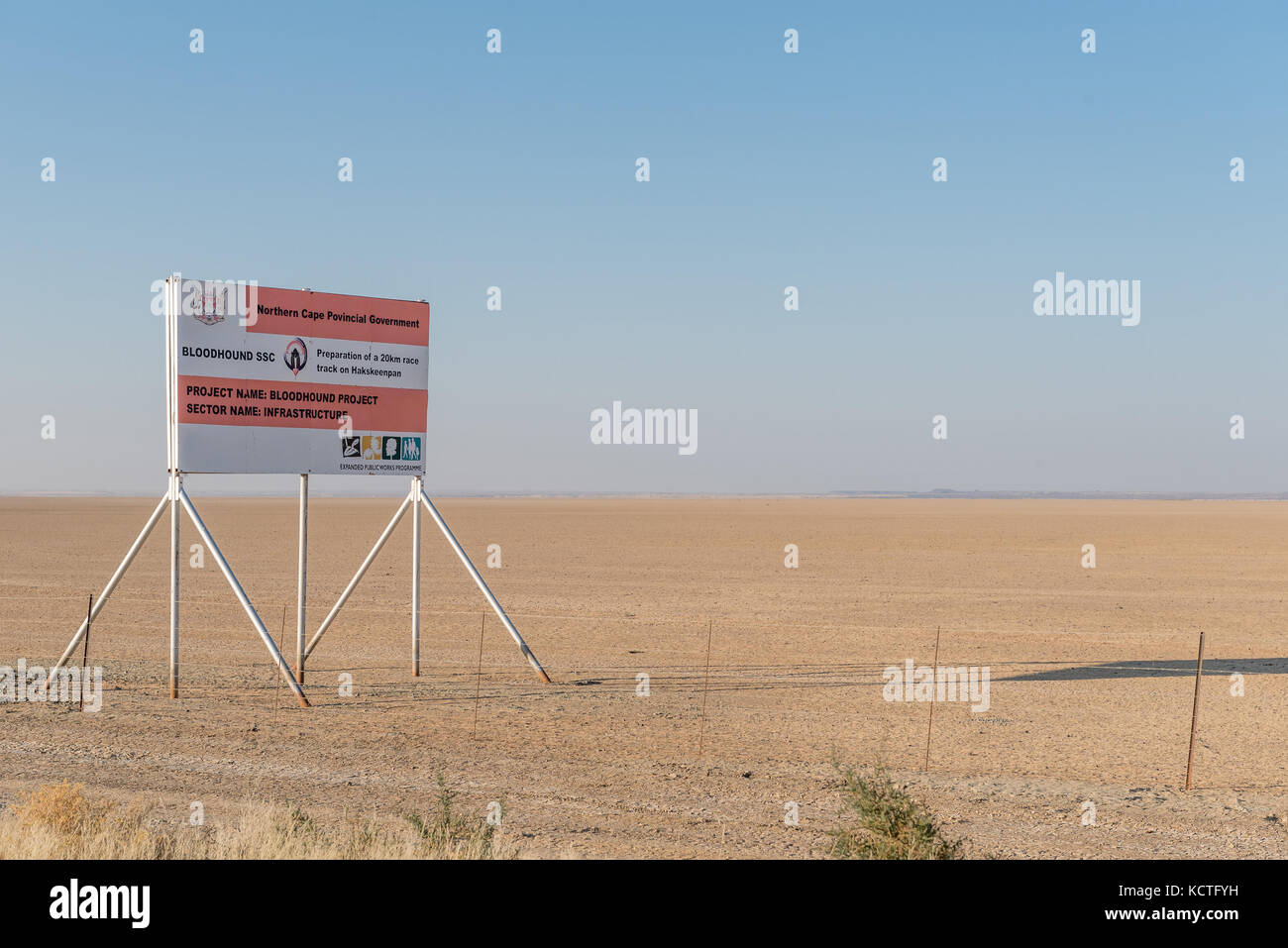 RIETFONTEIN, SOUTH AFRICA - JULY 6, 2017: A sign board at Hakskeenpan on the R31-road between Rietfontein and Askham at the location of the Bloodhound Stock Photo