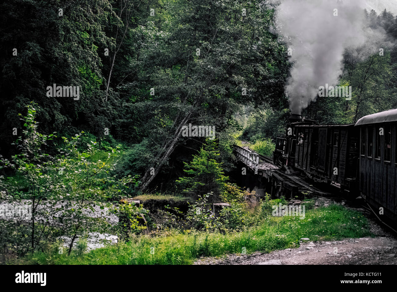 Scenic View Of Steam Locomotive Crossing Bridge Through Lush Green Forest With Diminishing Perspective Of Railway Stock Photo