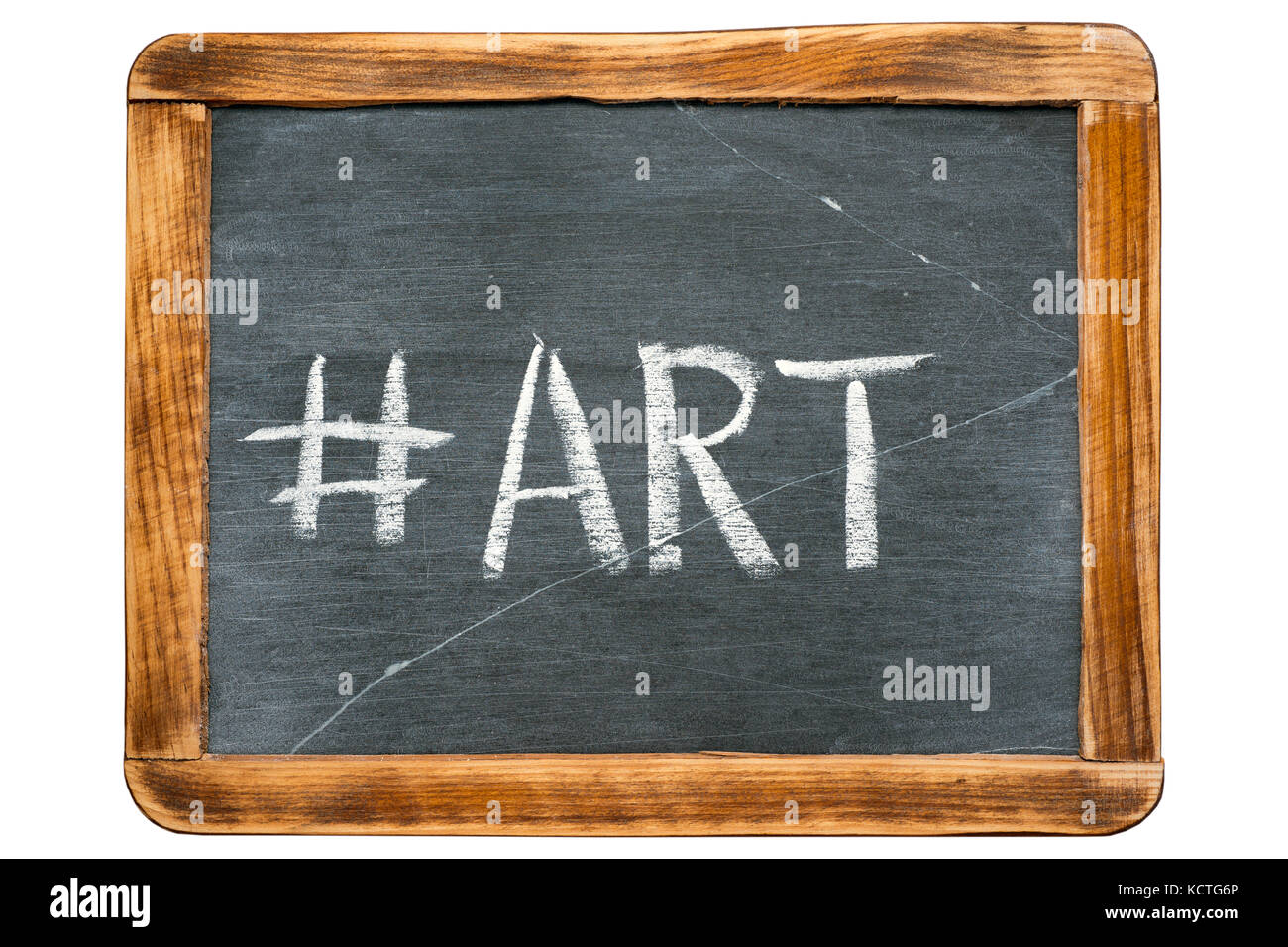 art hashtag handwritten on vintage school slate board isolated on white