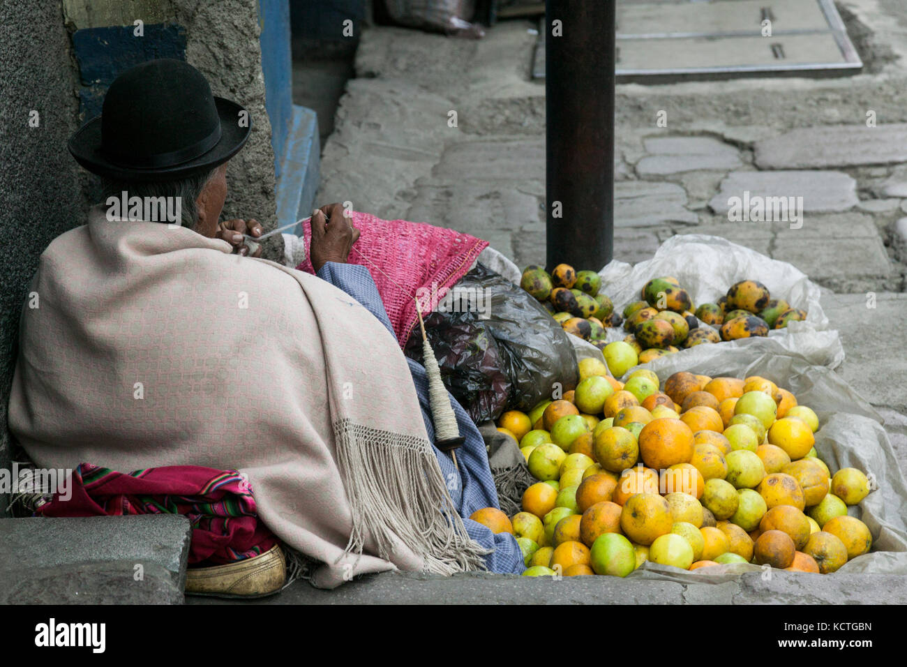Elderly woman selling fruit in the street, La Paz, Bolivia, South America Stock Photo