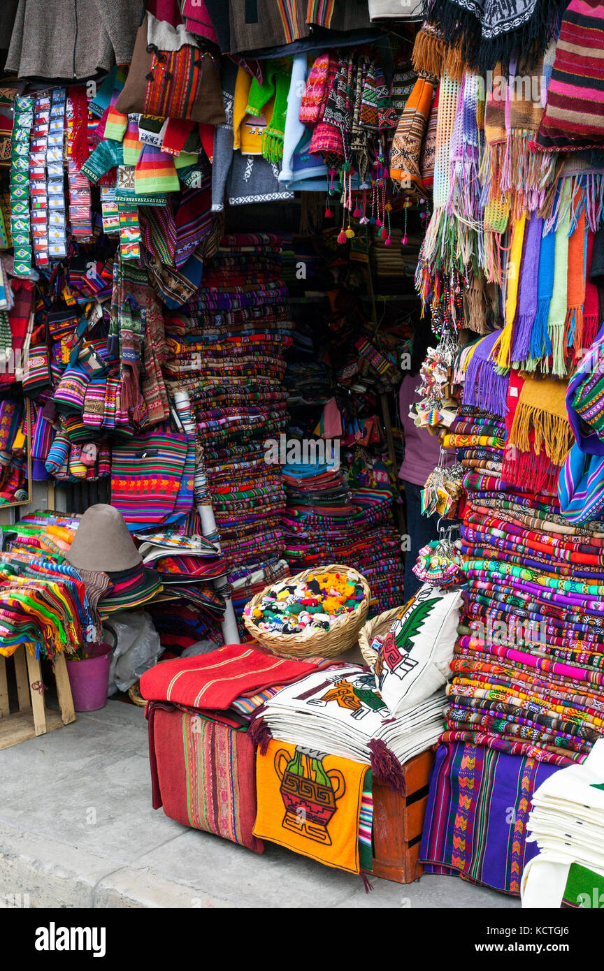 Shop sellling fabrics, La Paz, Bolivia, South America Stock Photo