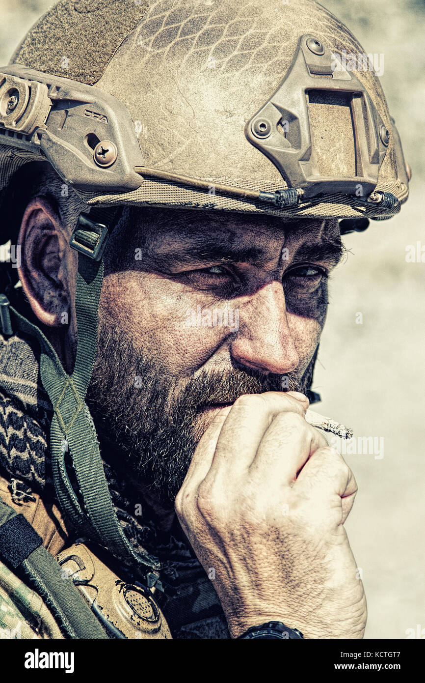 Army soldier smoking Stock Photo