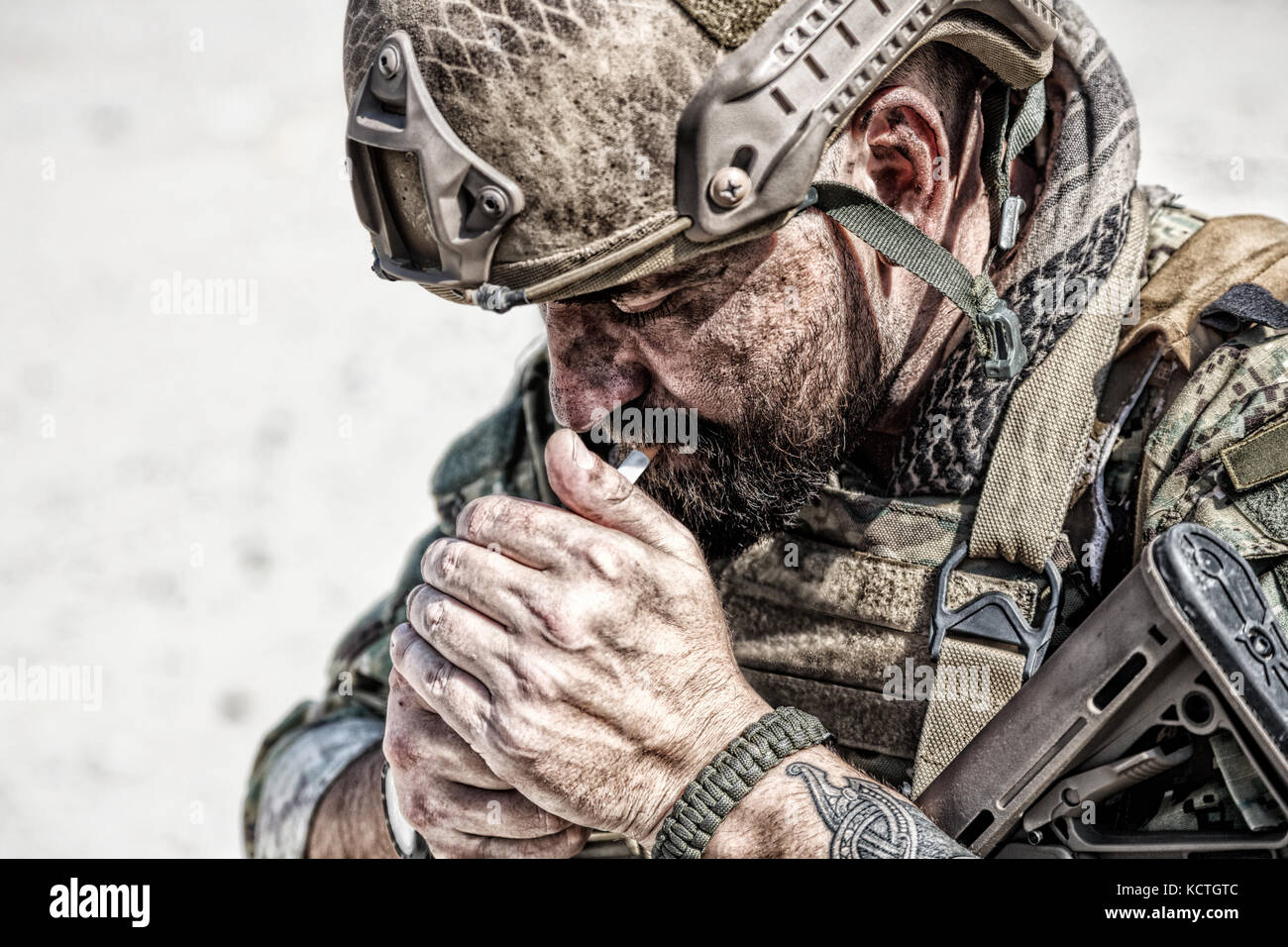 Army soldier smoking Stock Photo