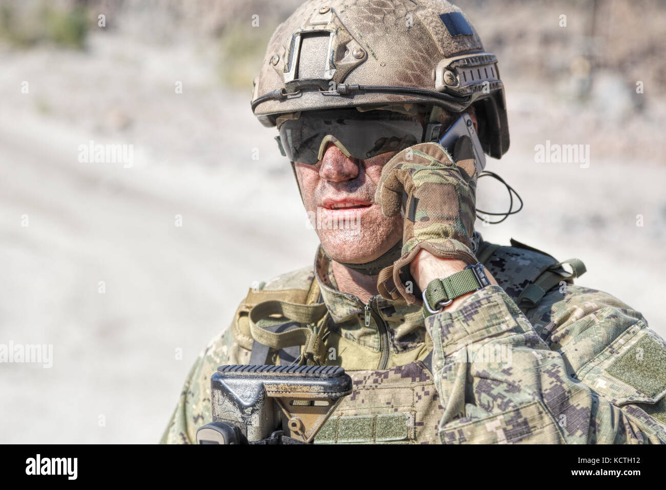 Army soldier calling Stock Photo