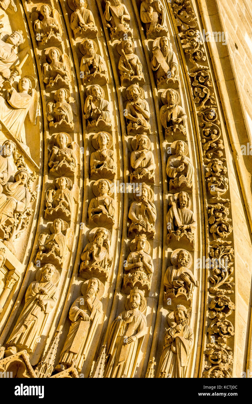 Intricate stonework on the facade of Notre Dame in Paris, France Stock Photo