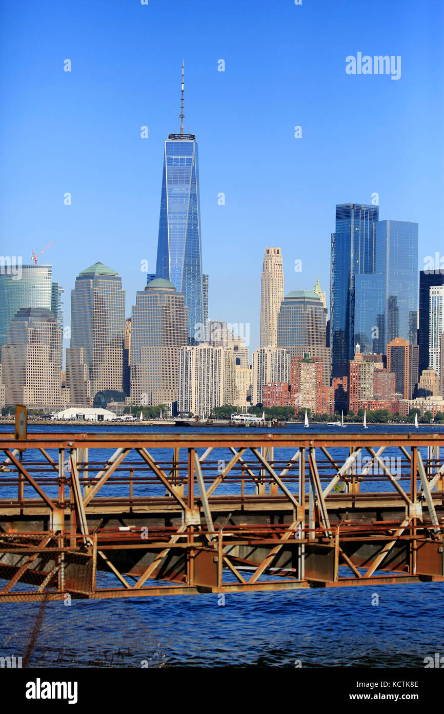 The skyline of Lower Manhattan financial district with foot bridge