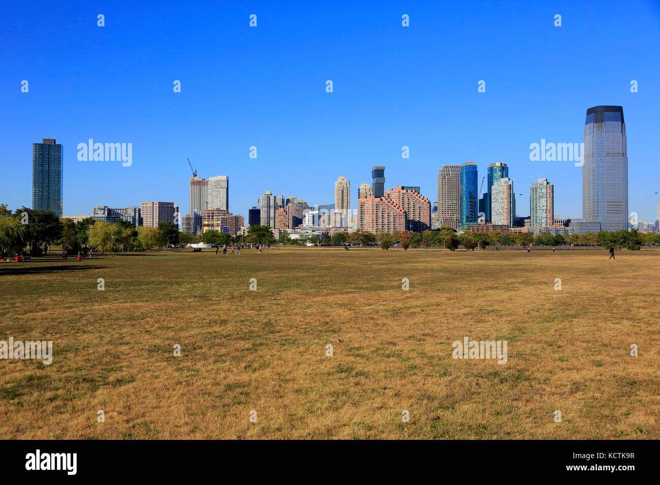 The skyline of Jersey City with Goldman Sachs Tower from Liberty State Park.New Jersey.USA Stock Photo