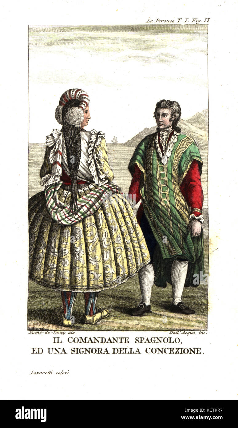 Spanish commandant and a woman of Concepcion Chile in full skirts with petticoats plaited hair and shawl. Illustration by Gaspard Duche de Vancy from Jean Francois Laperouse s Voyage. Copperplate engr...