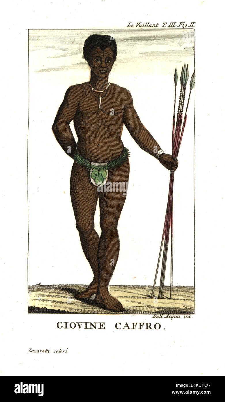 Young San man, with bow and arrows, South Africa. From Francois Le Vaillant’s Second Voyage into the Interior of Africa. Copperplate engraving by Dell'Acqua handcoloured by Lazaretti from Giovanni Battista Sonzogno’s Collection of the Most Interesting Voyages (Raccolta de Viaggi Piu Interessanti), Milan, 1815-1817. Stock Photo