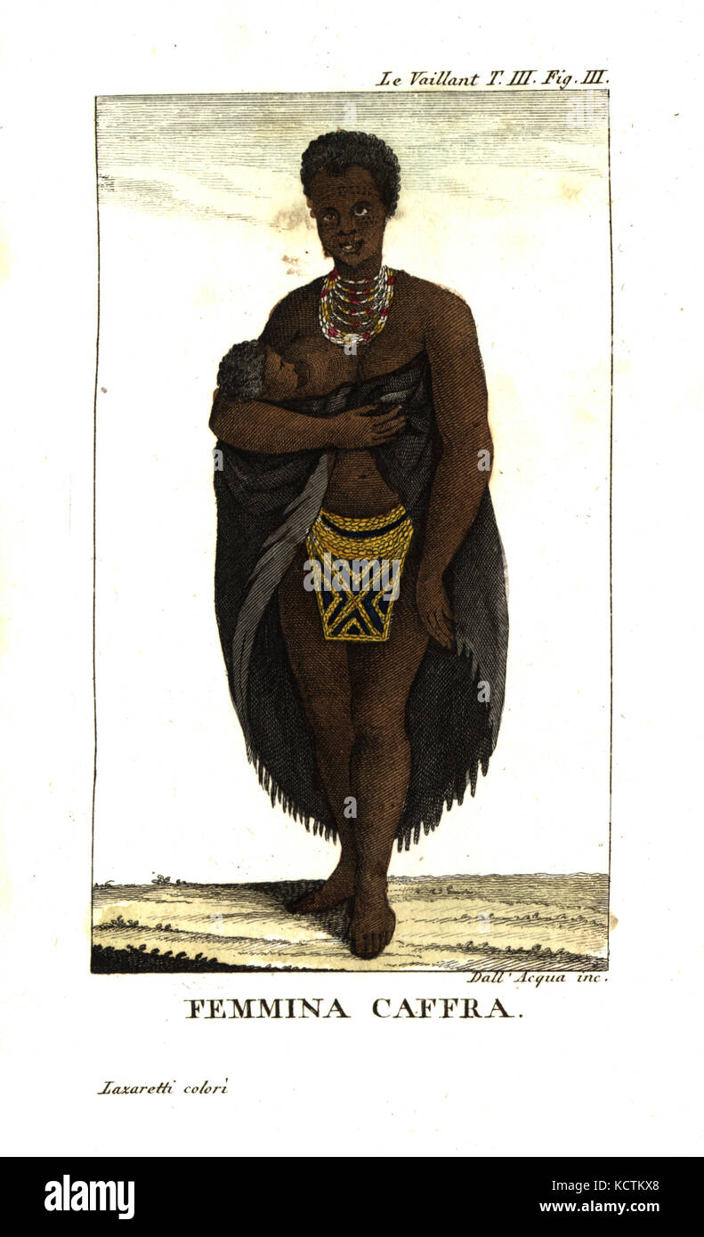 Young San woman nursing child, South Africa. She wears a cape, necklaces and beaded skirt. From Francois Le Vaillant’s Second Voyage into the Interior of Africa. Copperplate engraving by Dell'Acqua handcoloured by Lazaretti from Giovanni Battista Sonzogno’s Collection of the Most Interesting Voyages (Raccolta de Viaggi Piu Interessanti), Milan, 1815-1817. Stock Photo