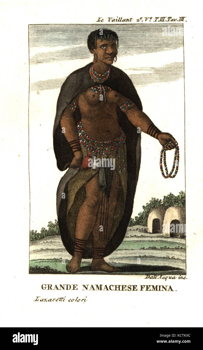 Noble Namaqua woman of South Africa. She wears a robe with beaded belt, necklace and armbands. From Francois Le Vaillant’s Second Voyage into the Interior of Africa. Copperplate engraving by Dell'Acqua handcoloured by Lazaretti from Giovanni Battista Sonzogno’s Collection of the Most Interesting Voyages (Raccolta de Viaggi Piu Interessanti), Milan, 1815-1817. Stock Photo